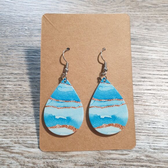 Handmade Teardrop Dangle Earrings Blue Beach Wave Design Stainless Steel Hooks - Picture 2 of 3